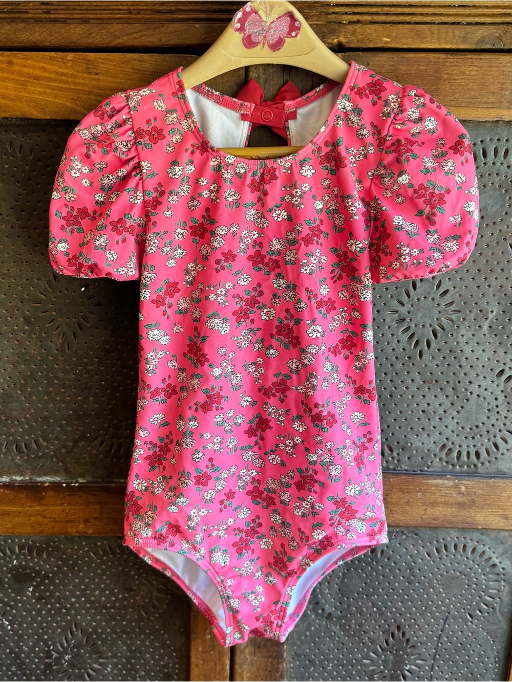 Mini Boden Puff Sleeve Swimsuit in Salmon Pink Meadow Floral
